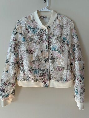 Nanette Lepore Women Floral Lace Bomber Lined Jacket Cream Button Up